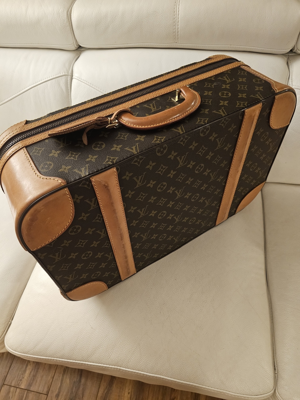 Louis Vuitton Brown Monogram Travel Bag with Tan Leather Trim
